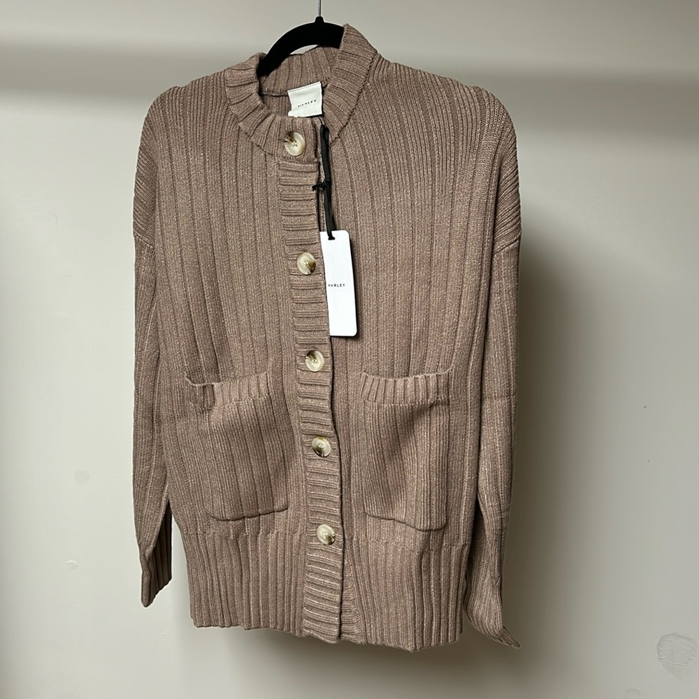 Varley Ribbed Button-Up Cardigan in Taupe
